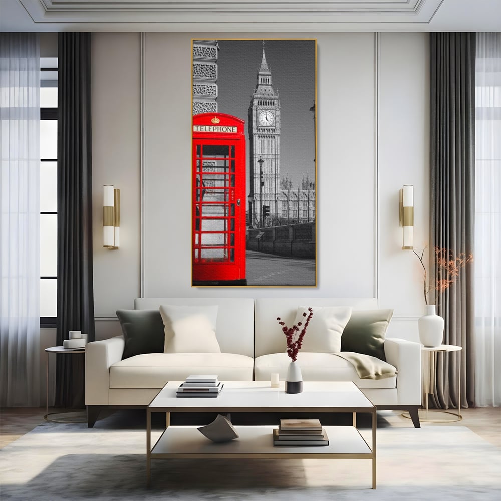 Tablou canvas cu tablou canvas cu cabina rosie si big ben, in rama de aluminiu auriu, pe perete intr-un living